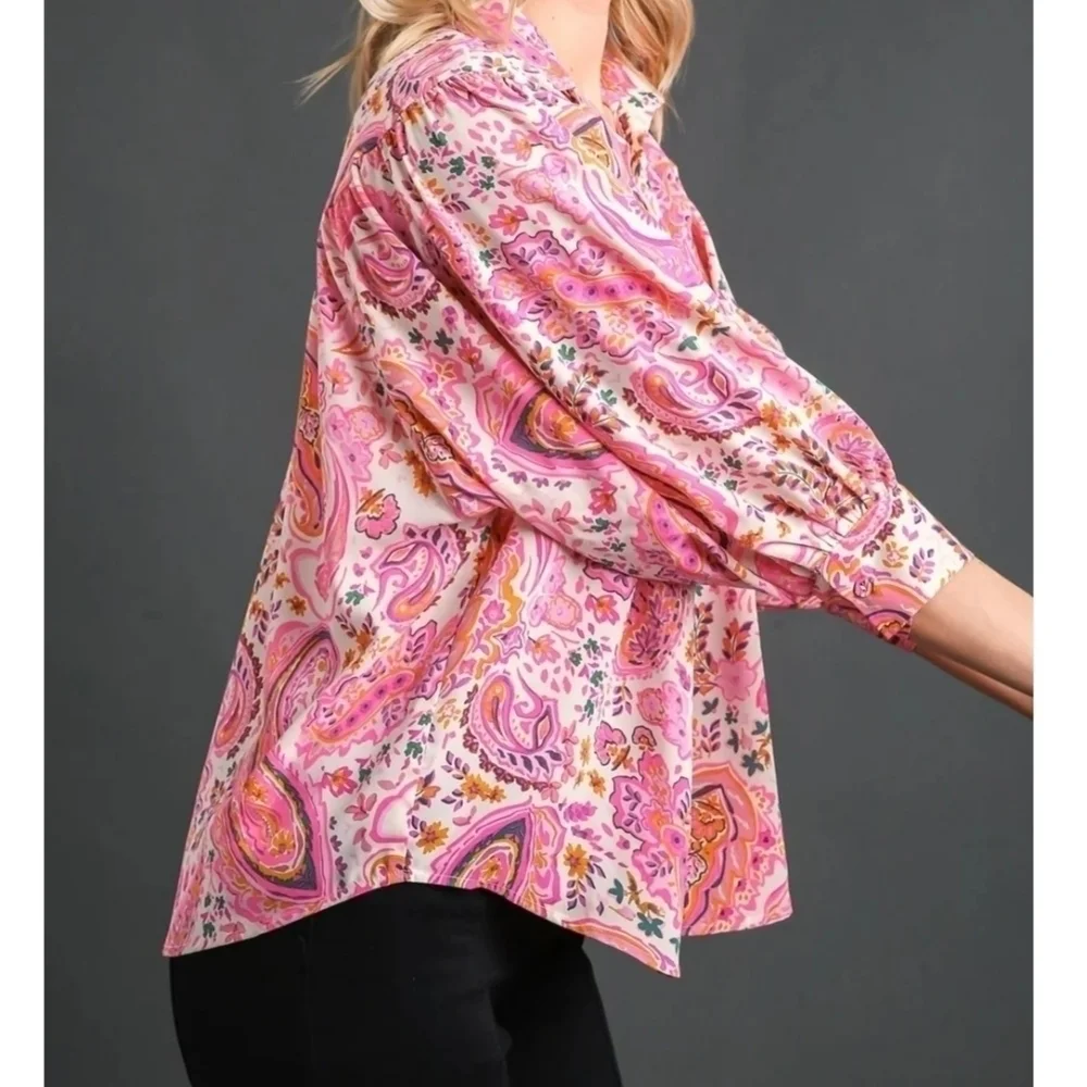 Umgee Pink Paisley Collared Button-Down Blouse Shirt Medium Lightweight - Picture 2 of 10